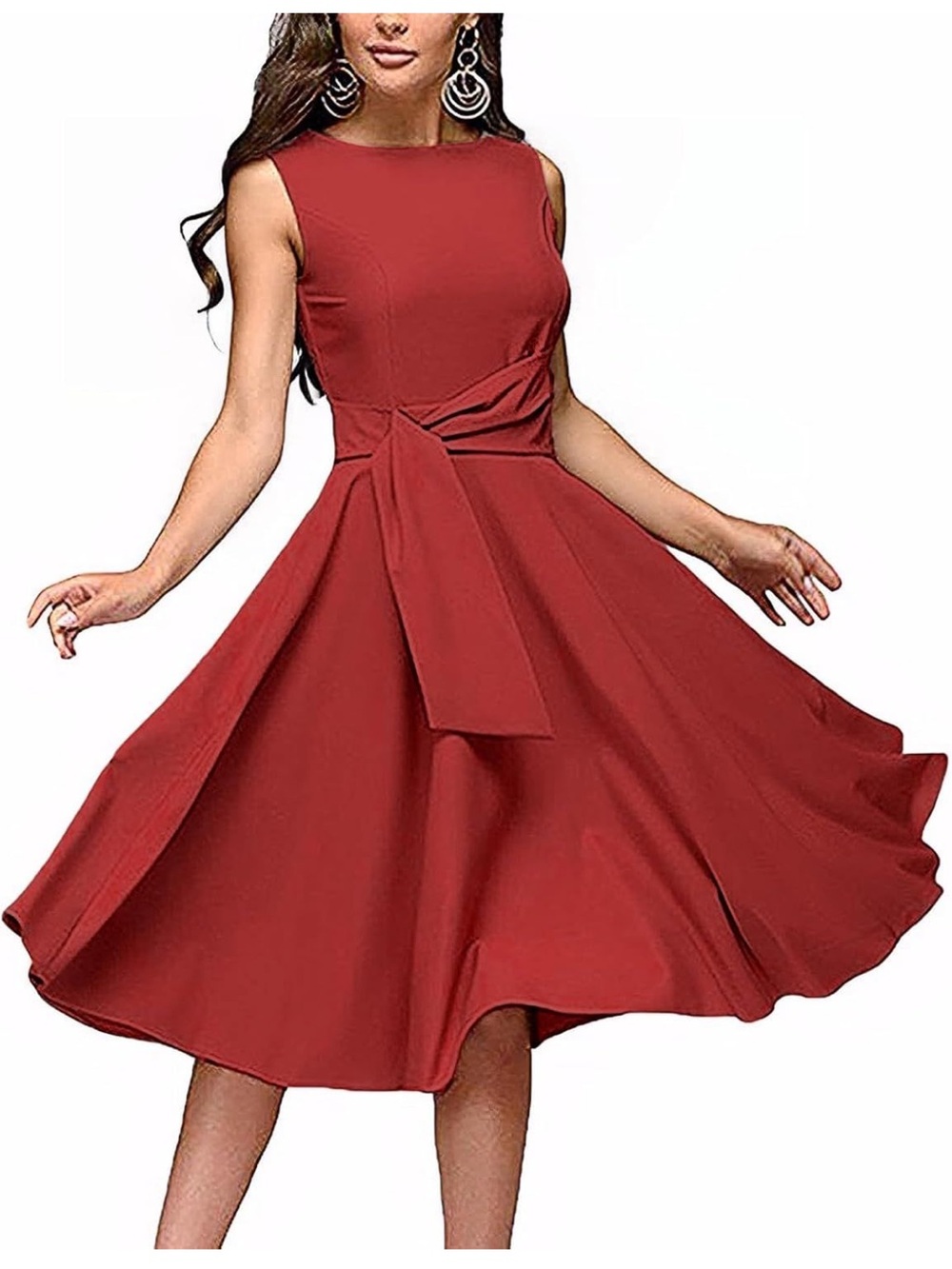 Classic Sleeveless Midi Dress with Waist Tie in Red